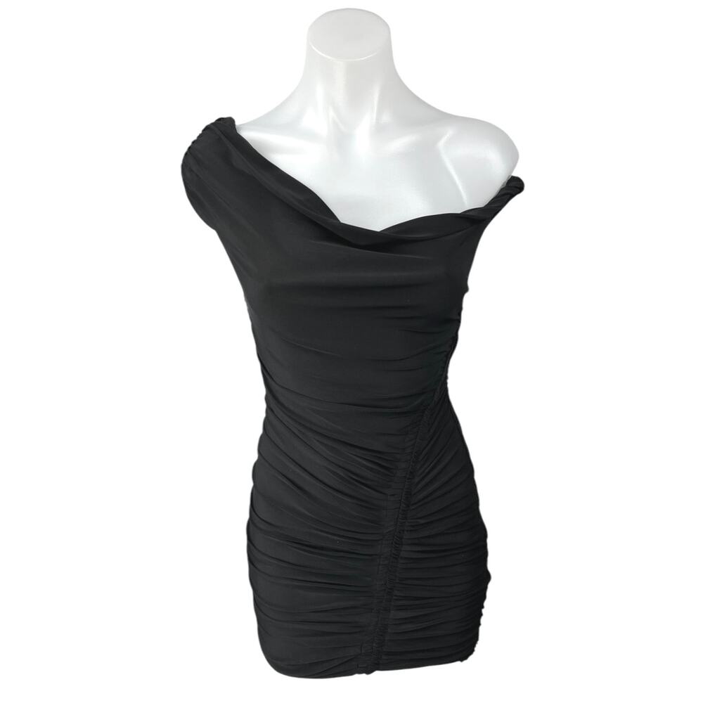 Club L Coco Black Off The Shoulder Asymmetric Bardot Ruched Mini Bodycon Dress 2